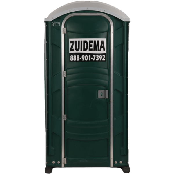A green Zuidema portable toilet available to rent in New York & New Jersey